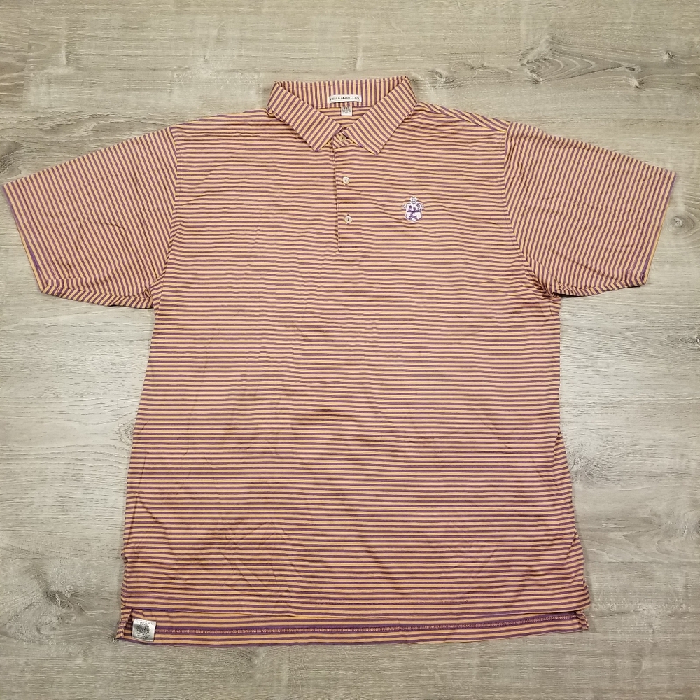 Peter Millar Mens Striped Polo Shirt XXL Orange/Purple Crest 100% Cotton